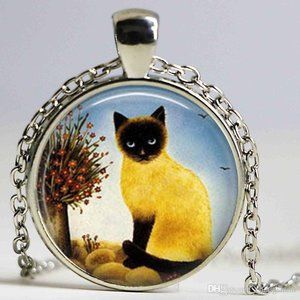 Silver Tone Siamese Cat Cabochon Necklace NEW